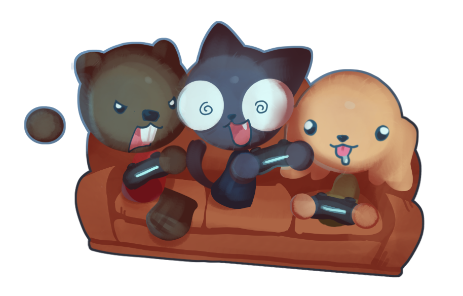 Adorable animal friends playing video games together on a couch